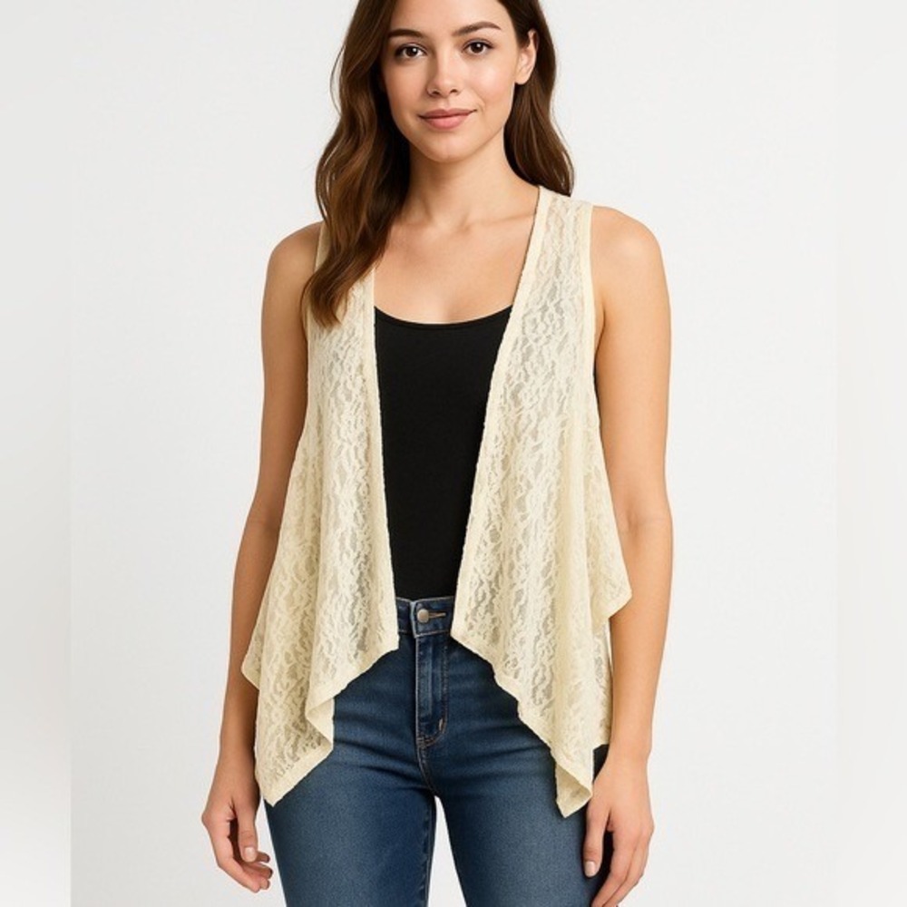 Bongo‎ Womens Cream Floral Lace Waterfall Drape Open Front Vest Ivory Sleeveless